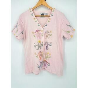 Vintage Storybook Knits L Monkey Bear Short Sleeve Cardigan Sweater Floral